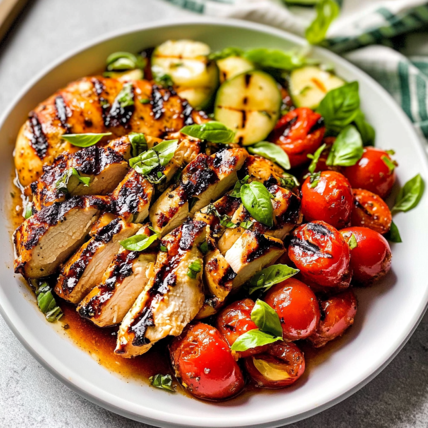 A plate of grilled chicken caprese.