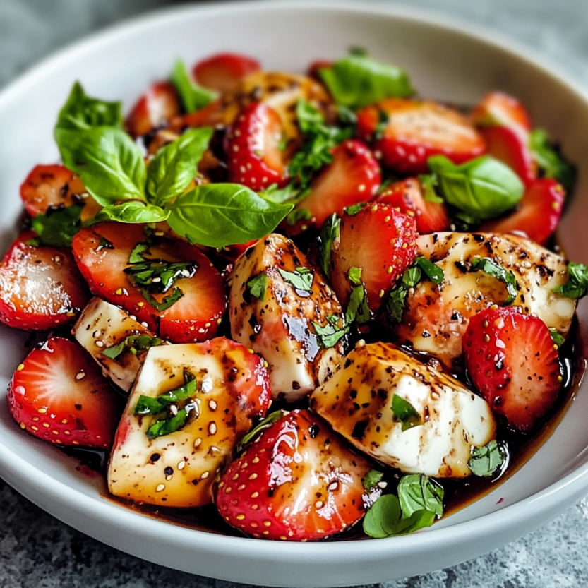 A bowl of Balsamic Strawberry Caprese.