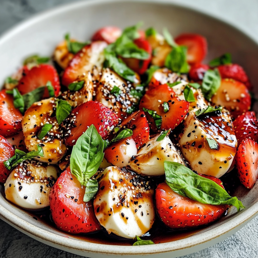 A bowl of Caprese salad with strawberries and basil.