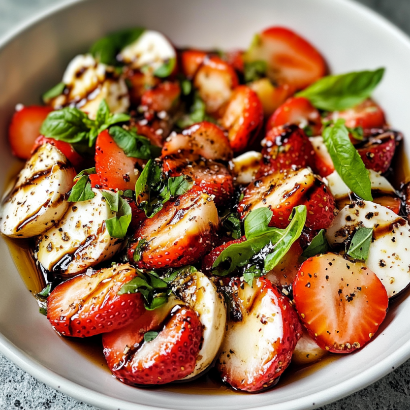 A bowl of Caprese salad with strawberries and basil.