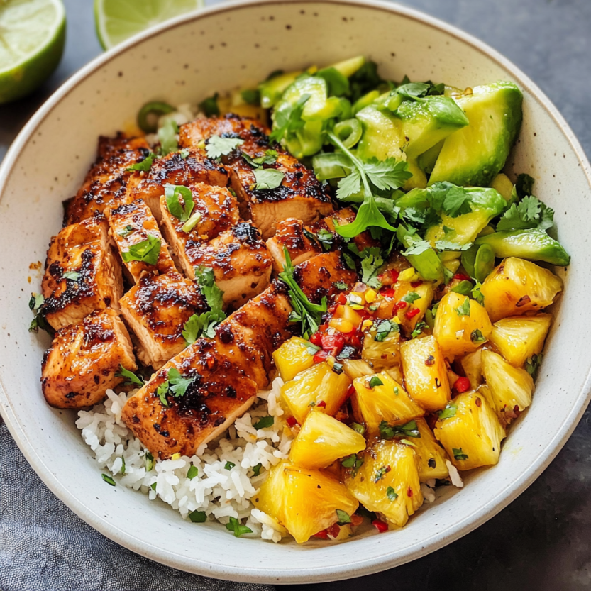 A bowl of food with chicken, rice, and pineapple.