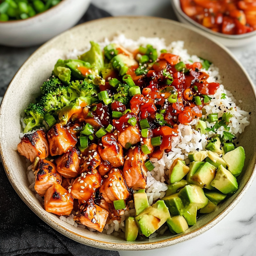 A bowl of food with rice, broccoli, and salmon.