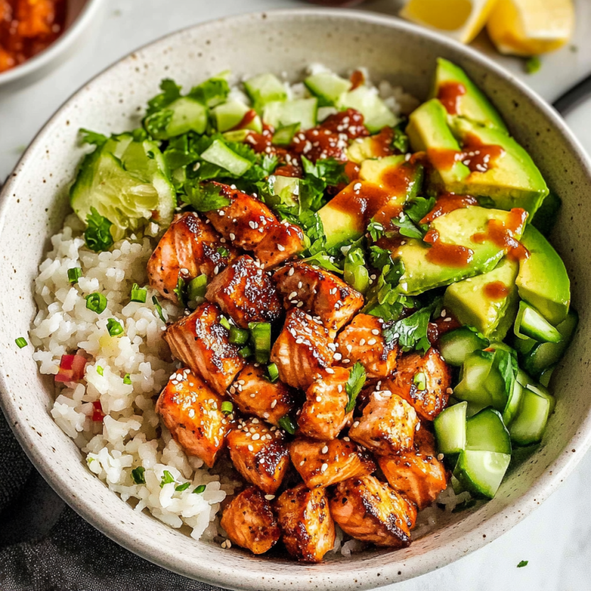 A bowl of food with rice, meat, and vegetables.