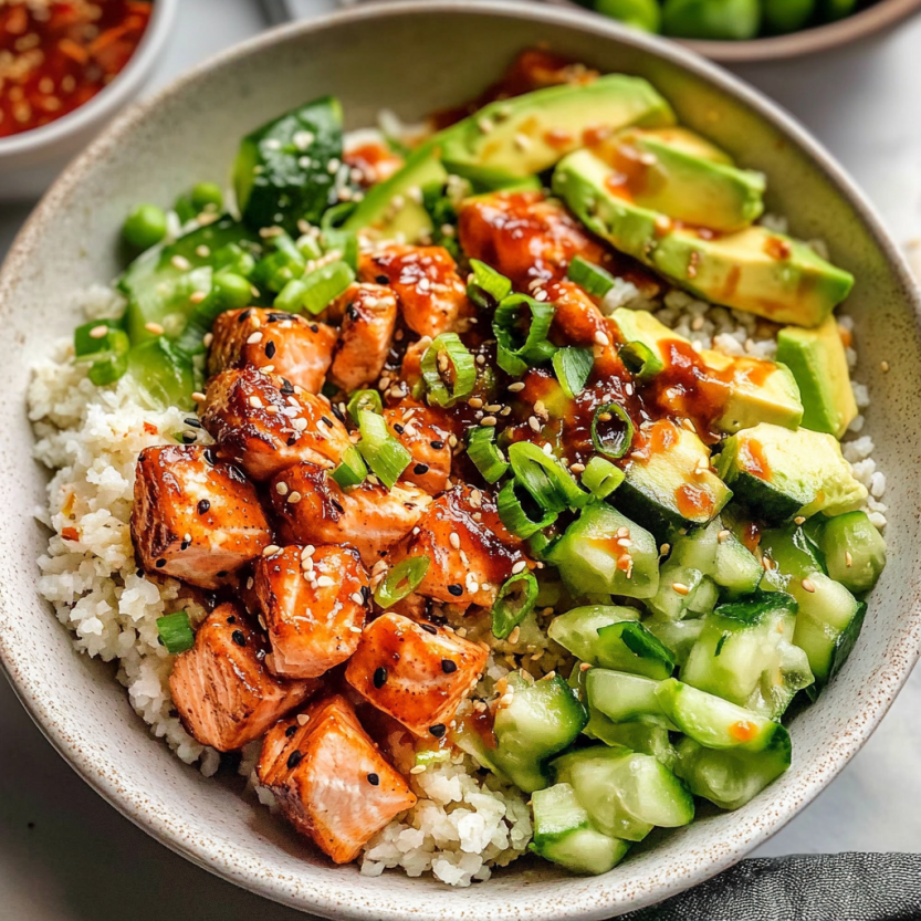 A bowl of food with chicken, avocado, and cucumber.