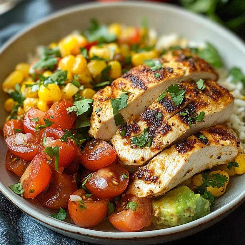 A bowl of food with chicken, tomatoes, corn, and avocado.