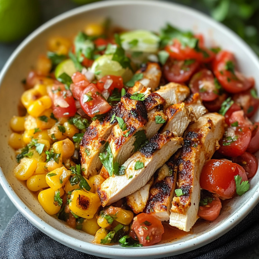 A bowl of food with chicken, tomatoes, corn, and lime.