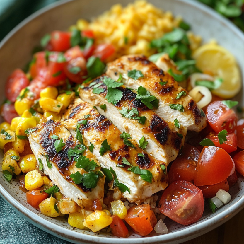 A bowl of food with chicken, tomatoes, corn, and rice.