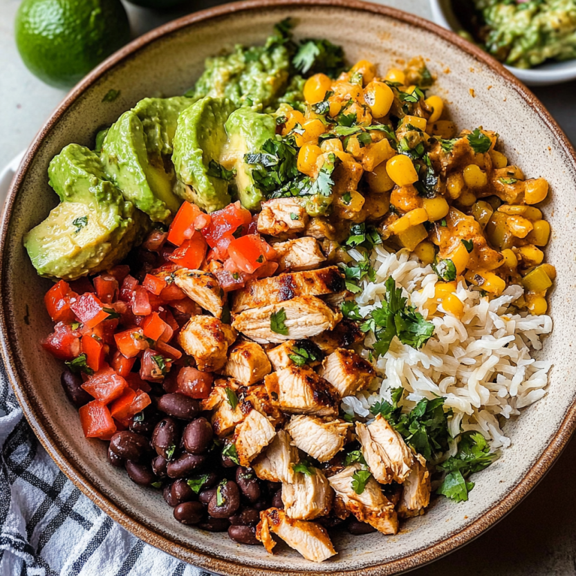 A bowl of food with rice, beans, corn, and chicken.