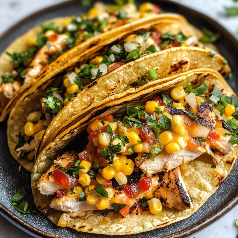 A plate of chicken tacos with corn and green onions.