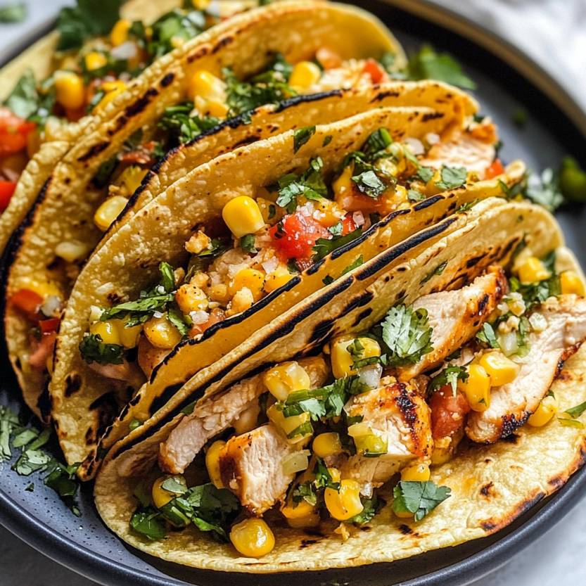 A plate of chicken tacos with corn on the cob.