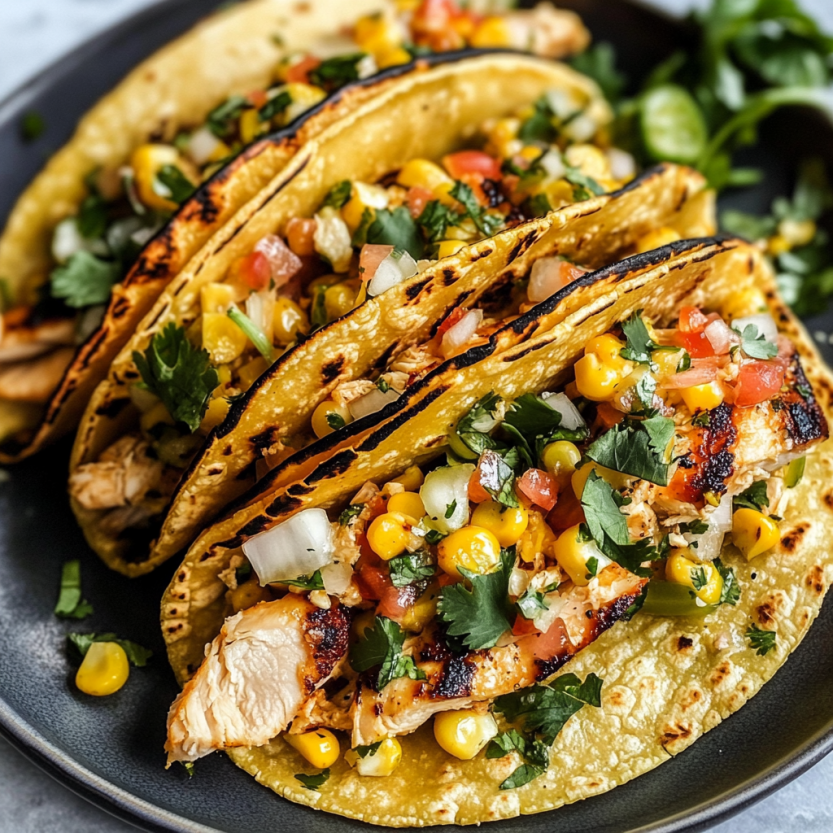 A plate of chicken tacos with corn and tomatoes.