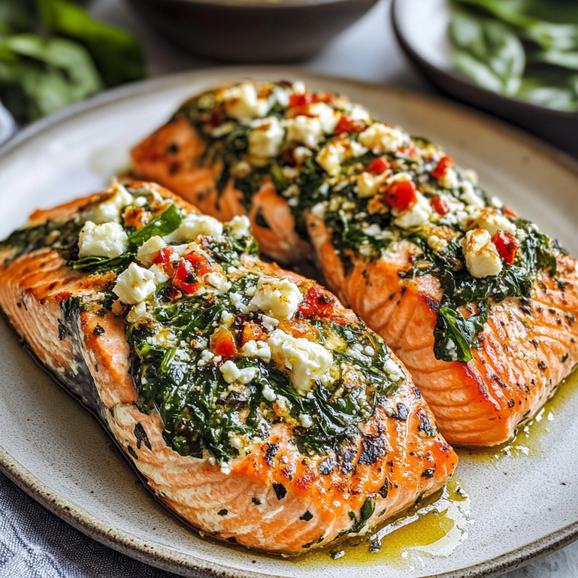 A plate of cooked salmon with spinach and feta cheese.