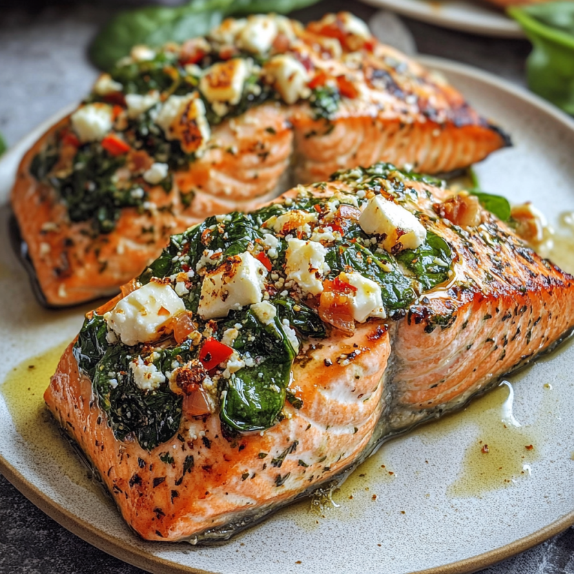 Two pieces of salmon with spinach and feta cheese.