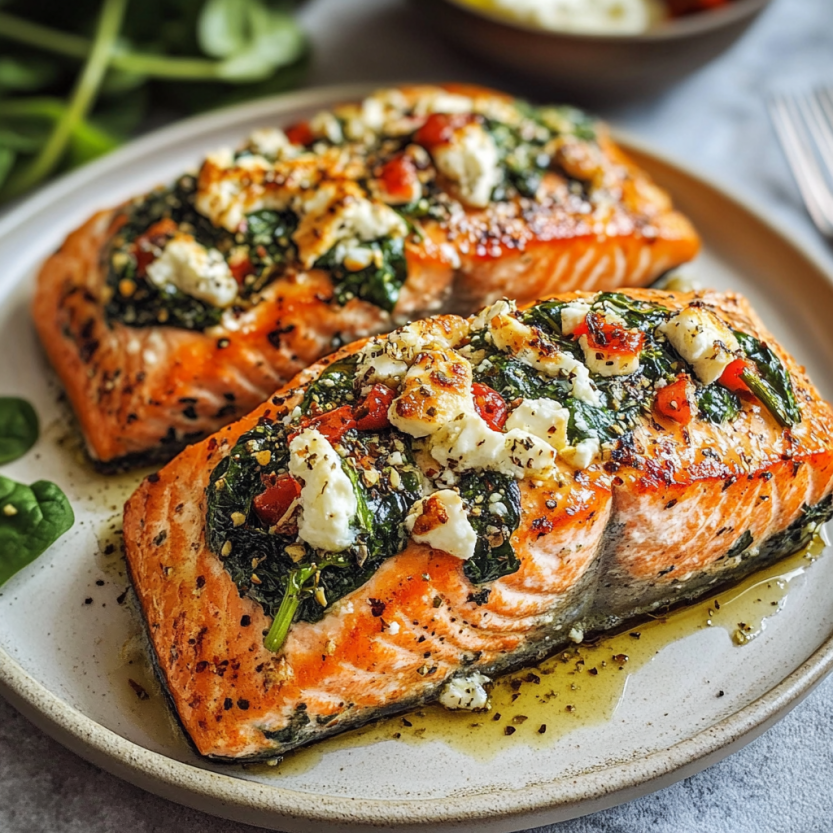 Two pieces of salmon with spinach and feta cheese.