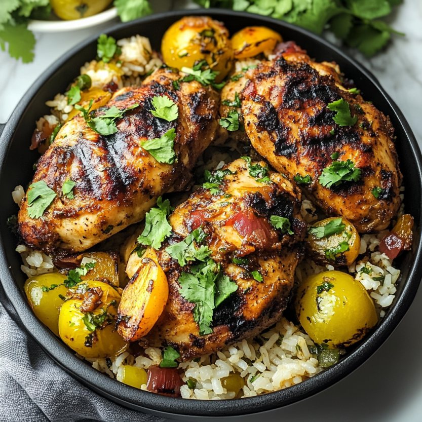 A bowl of jerk chicken and rice.
