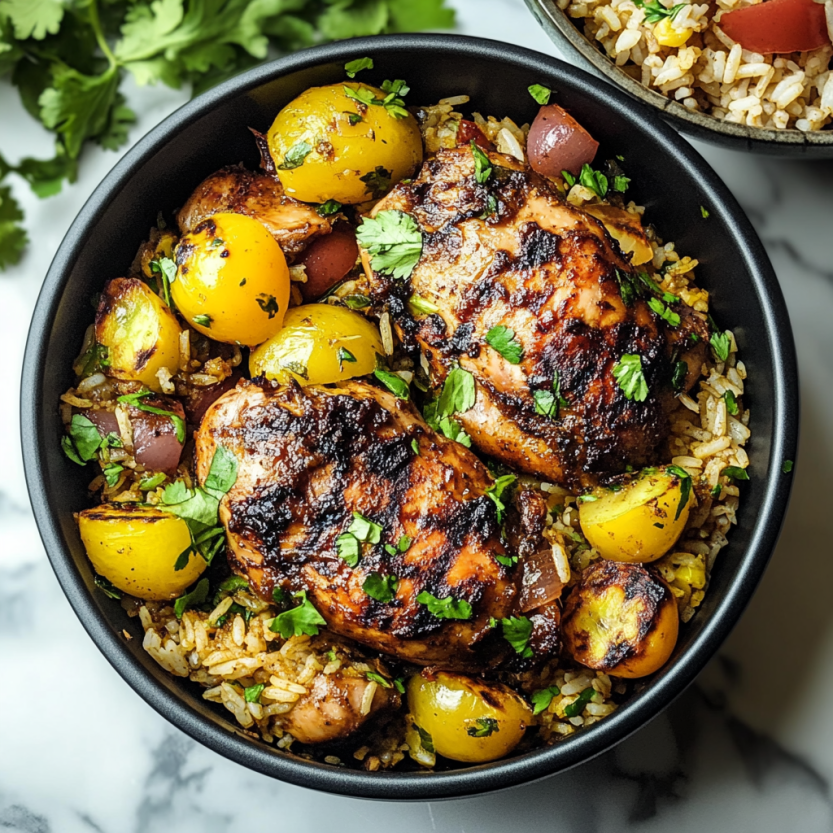 A bowl of Caribbean Jerk Chicken and Rice.