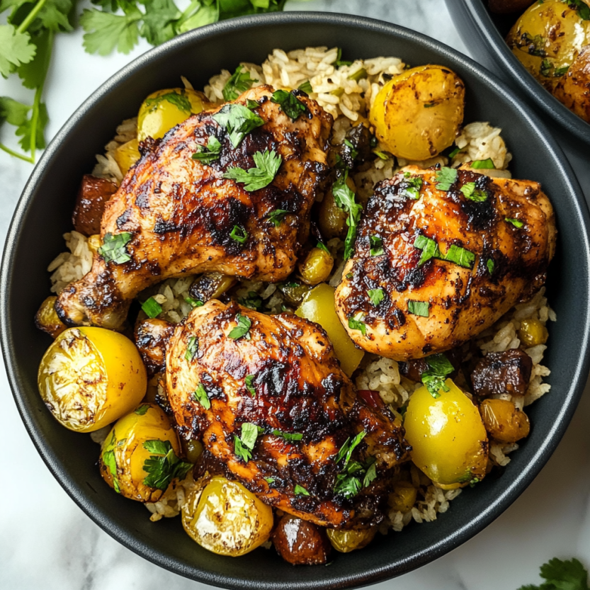 A bowl of jerk chicken and rice.