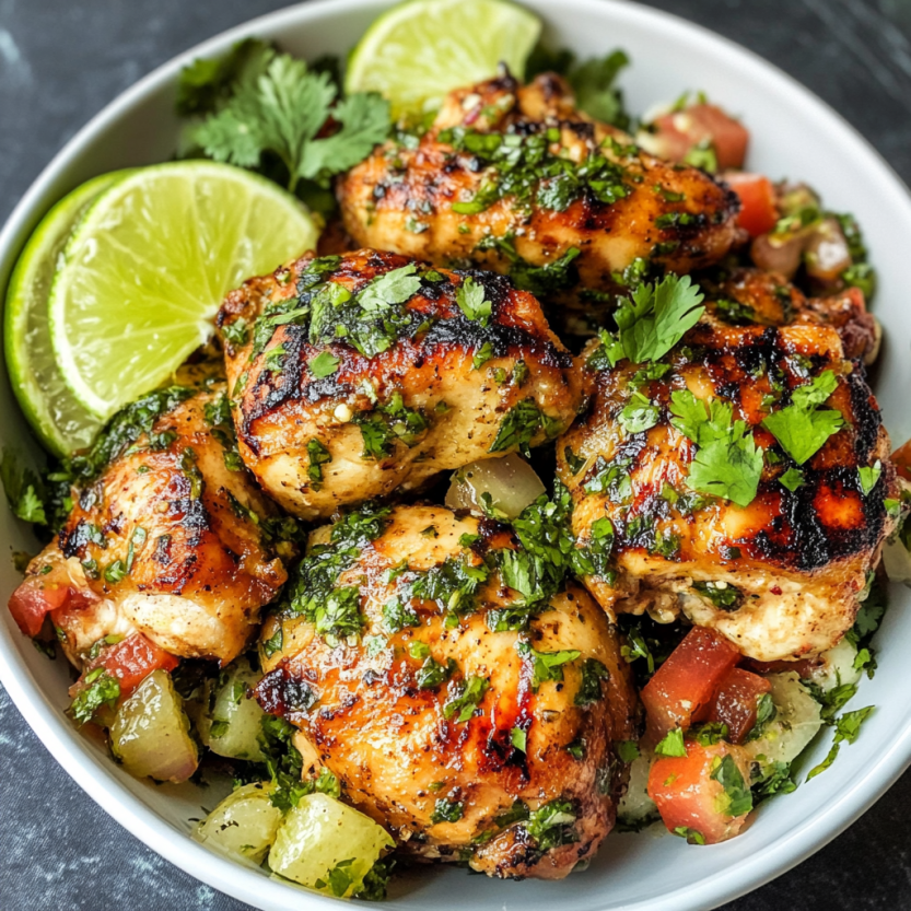A bowl of chicken thighs with cilantro and lime.