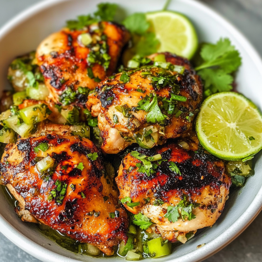A bowl of chicken thighs with cilantro and lime.