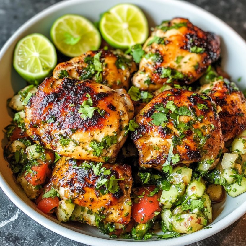 A bowl of chicken thighs with cilantro and lime.