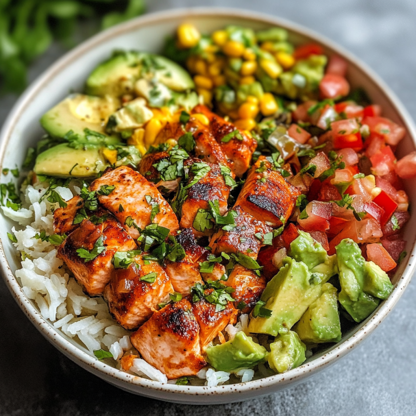 A bowl of food with a salmon burrito.