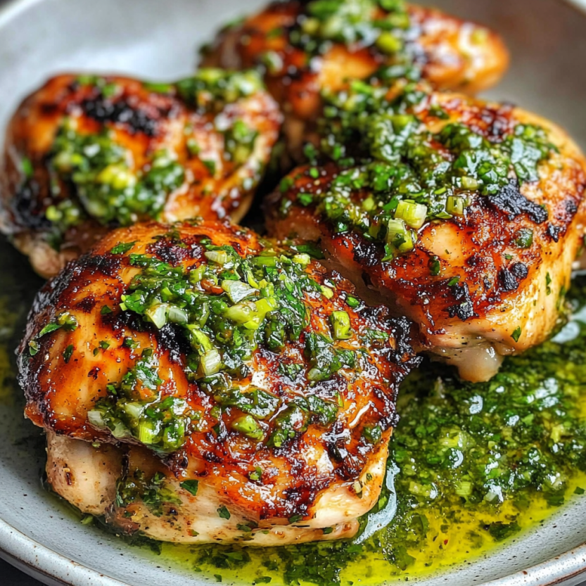 Grilled chicken thighs with chimichurri.