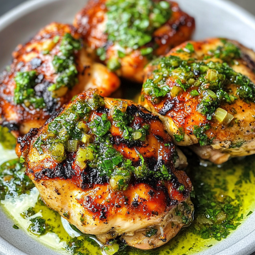 Grilled chicken thighs with chimichurri.