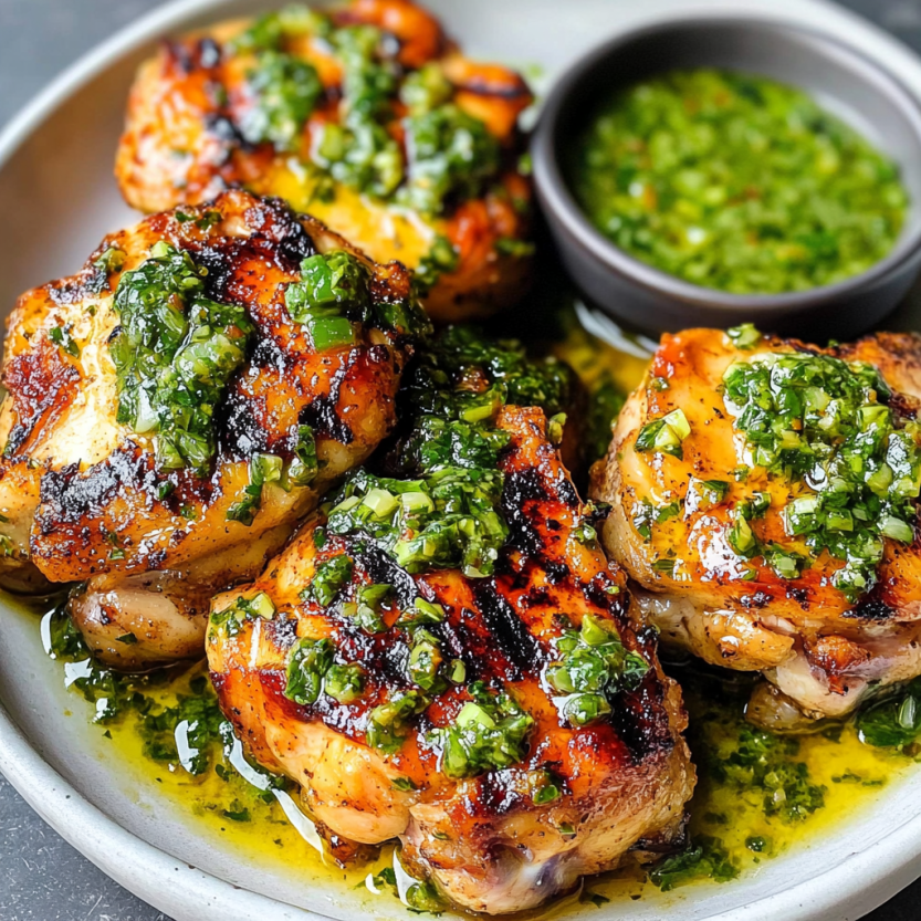 Grilled chicken thighs with chimichurri.