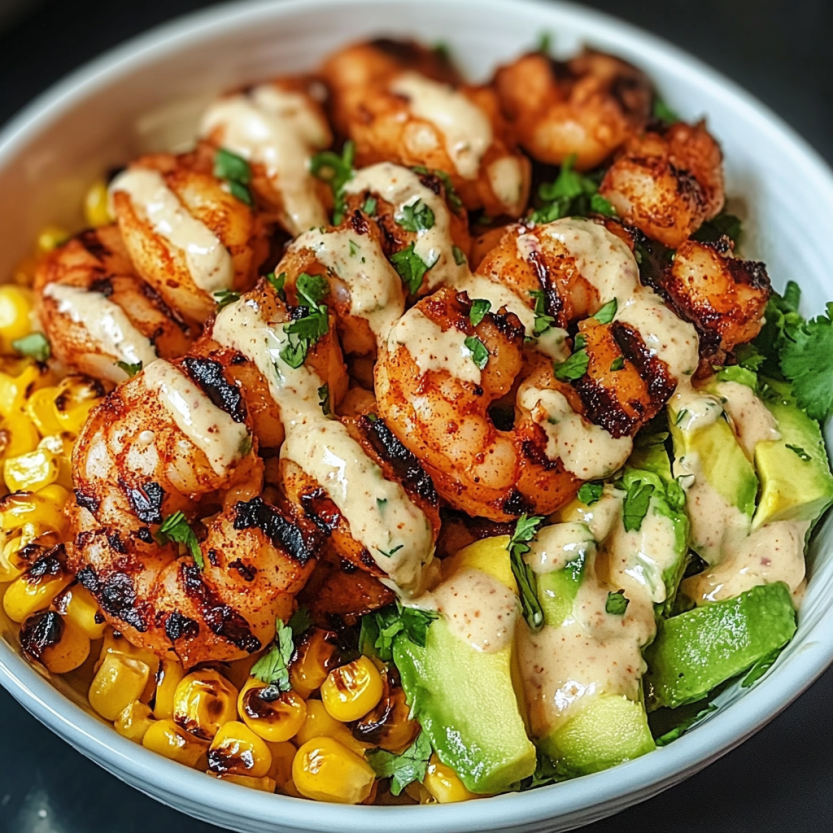 A bowl of grilled shrimp with avocado, corn salsa and creamy sauce.