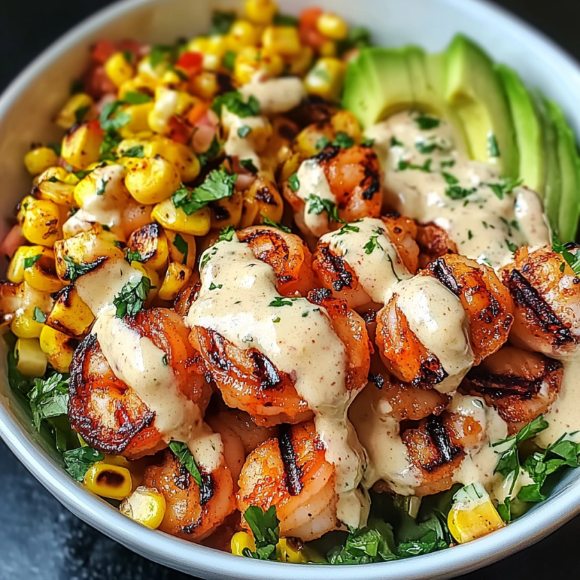 A bowl of shrimp, corn salsa, and avocado with a creamy sauce.