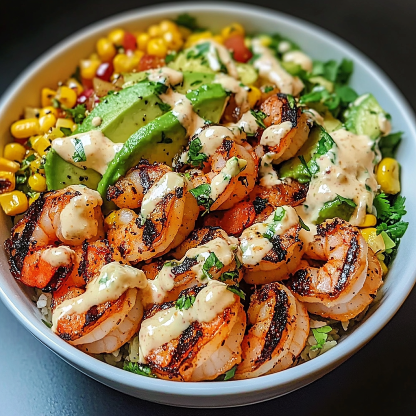 A bowl of shrimp, avocado, corn salsa and creamy sauce.