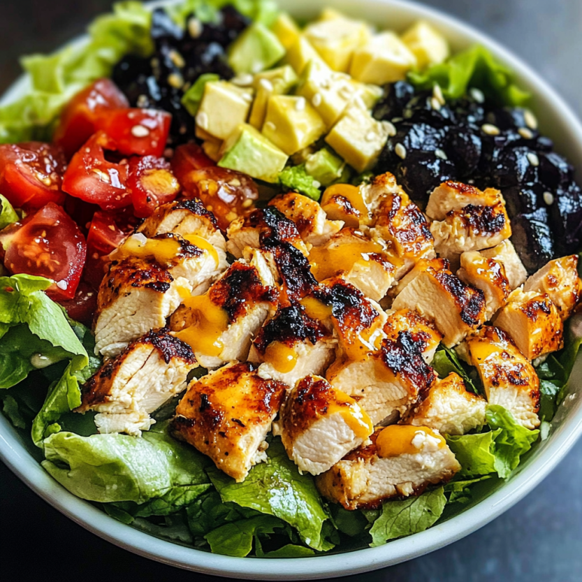 A bowl of chicken salad with lettuce, tomatoes, and cheese.