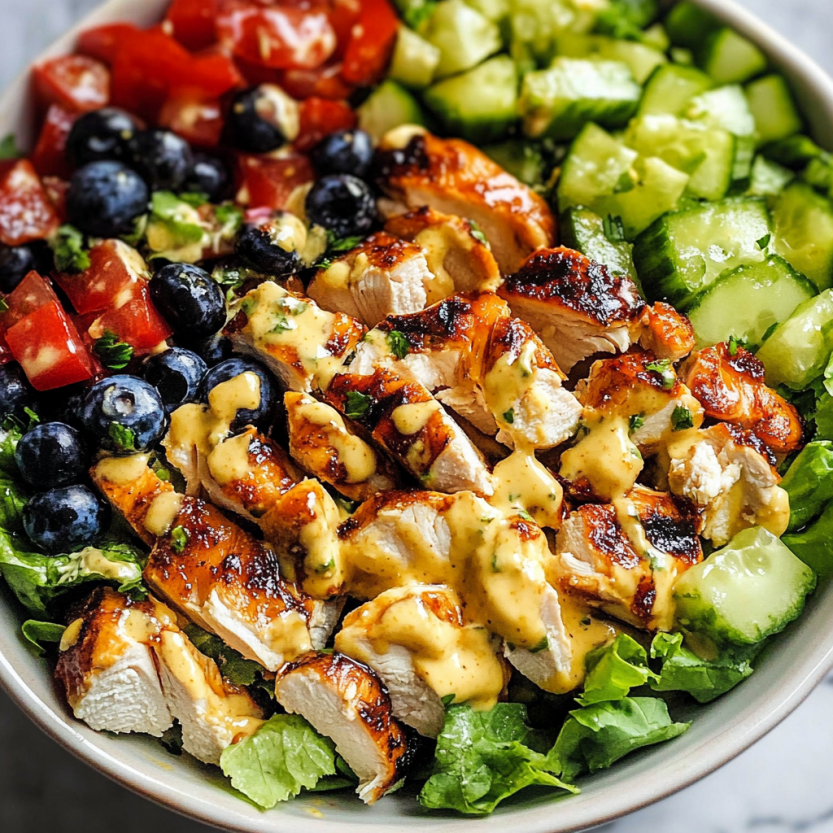 A bowl of chicken salad with blueberries, tomatoes, and cucumbers.