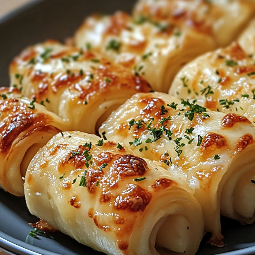 Cheesy garlic butter rollups on a plate.