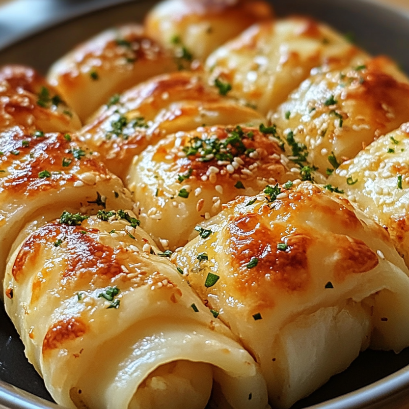 Cheesy garlic butter rollups on a plate.