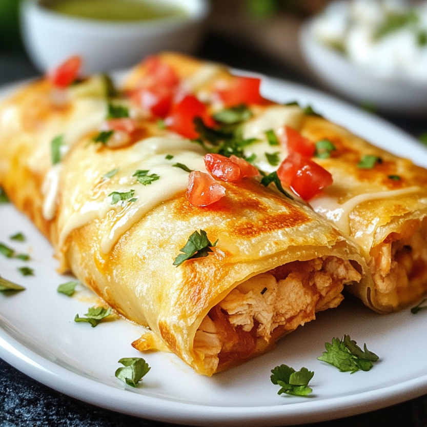 A plate of chicken chimichangas with tomatoes and cheese.
