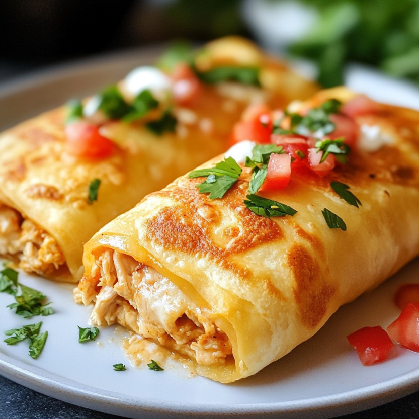 Two chicken chimichangas with tomatoes and cheese.