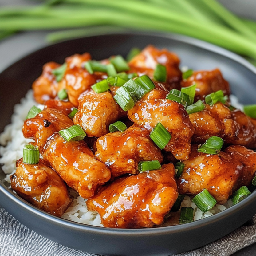 A plate of honey butter chicken with rice.
