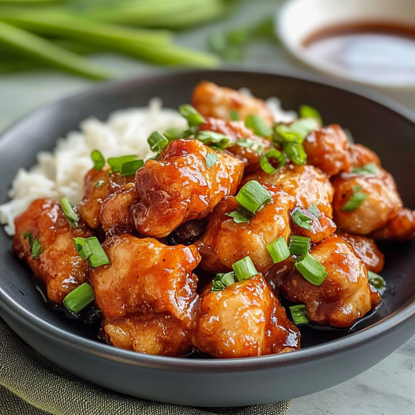 A bowl of honey butter chicken with rice.