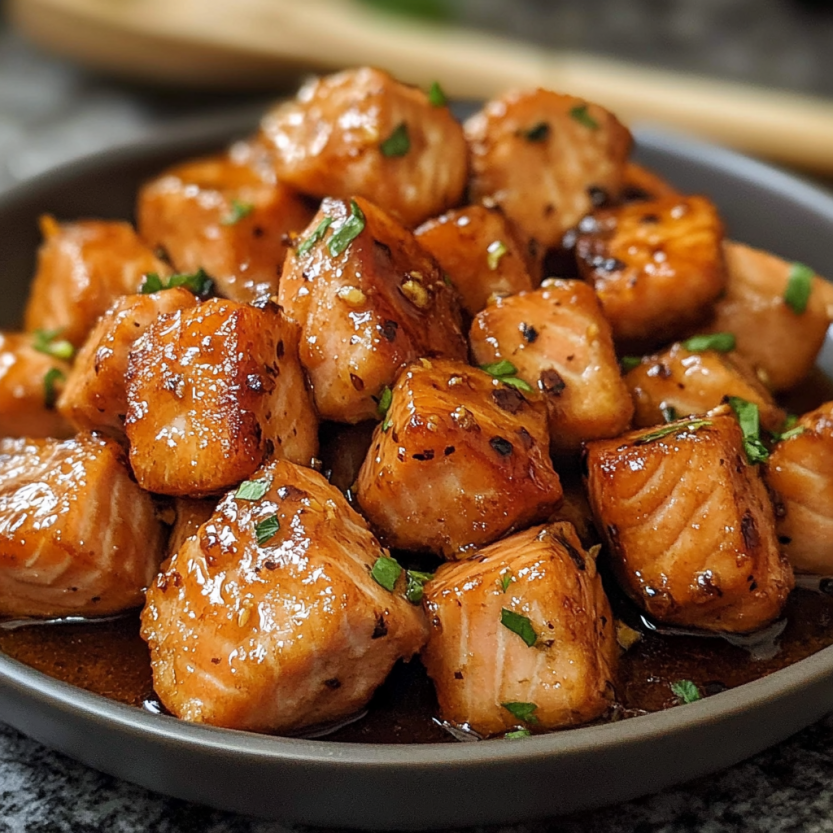 A bowl of salmon bites with honey drizzled over them.
