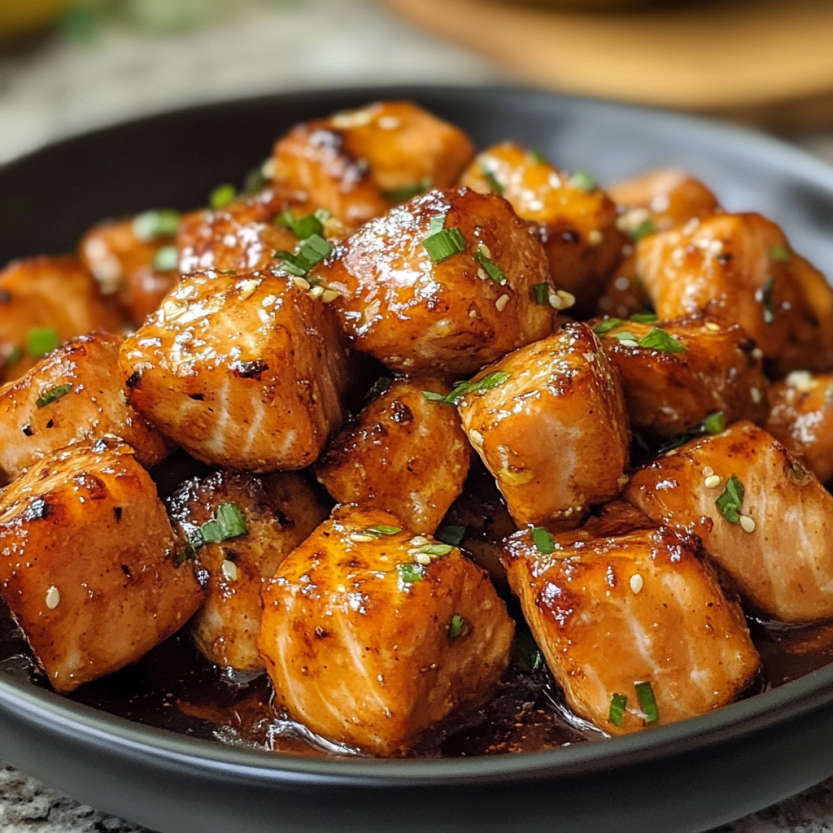A bowl of hot honey salmon bites.