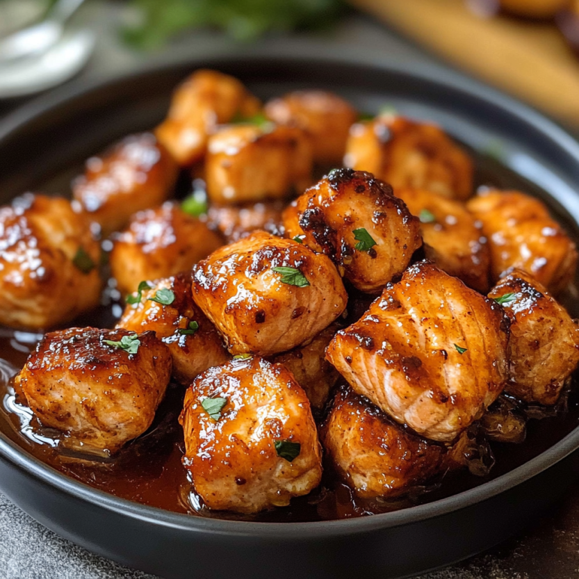A bowl of hot honey salmon bites.