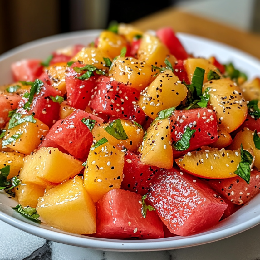 A white bowl filled with watermelon and peaches.