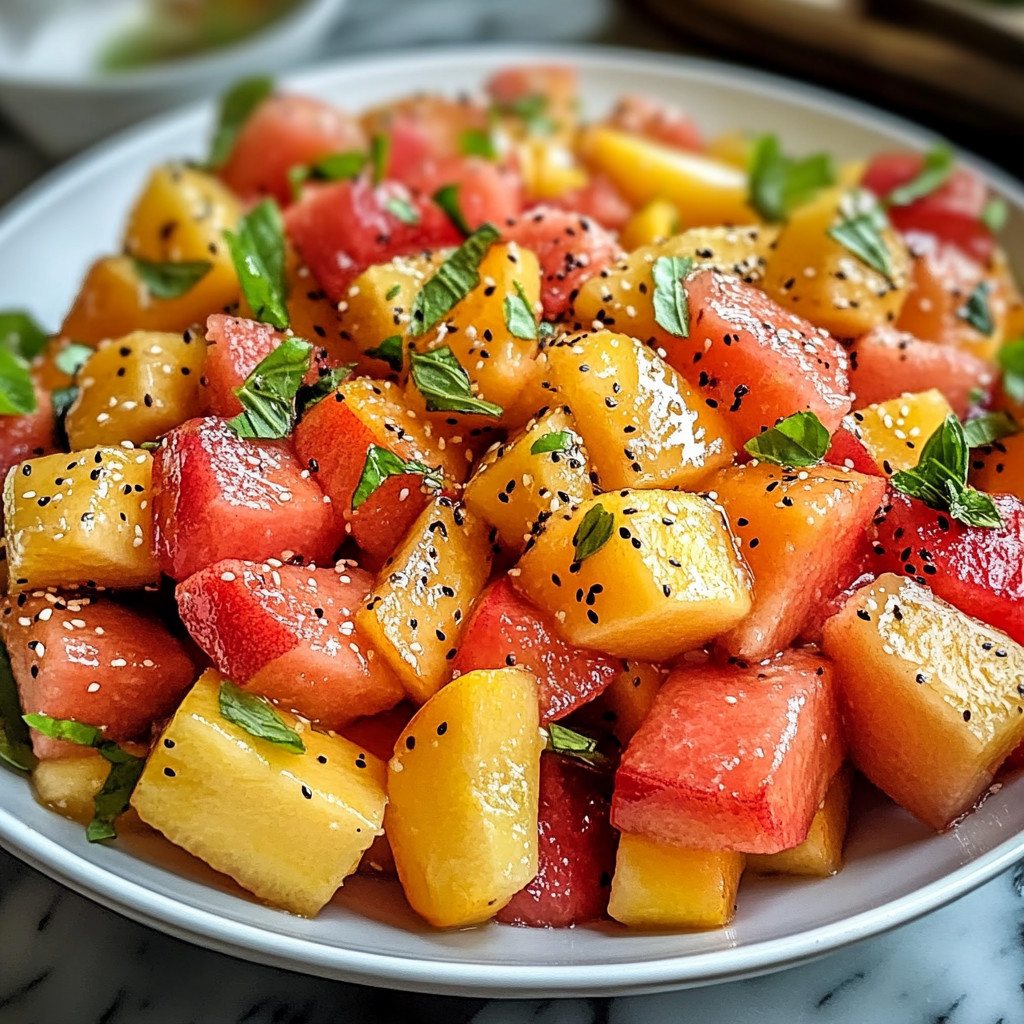 A white bowl filled with sliced watermelon and peaches.