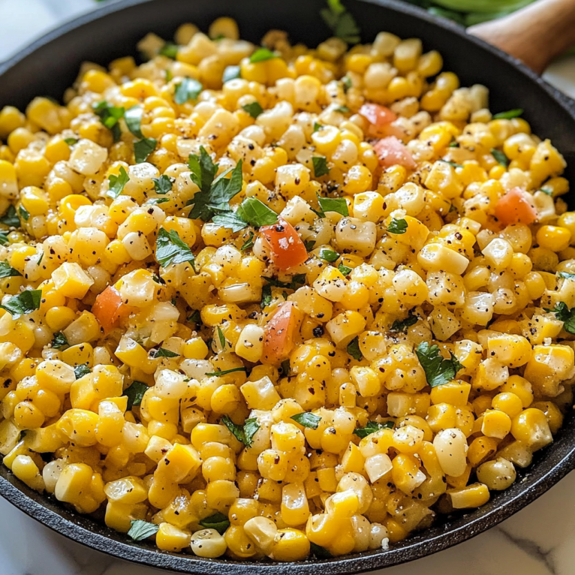 A skillet of corn with tomatoes and herbs.