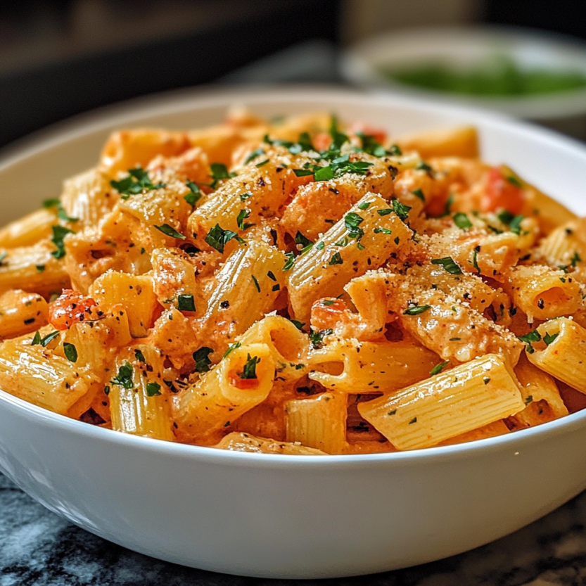 A bowl of pasta with red sauce and herbs.