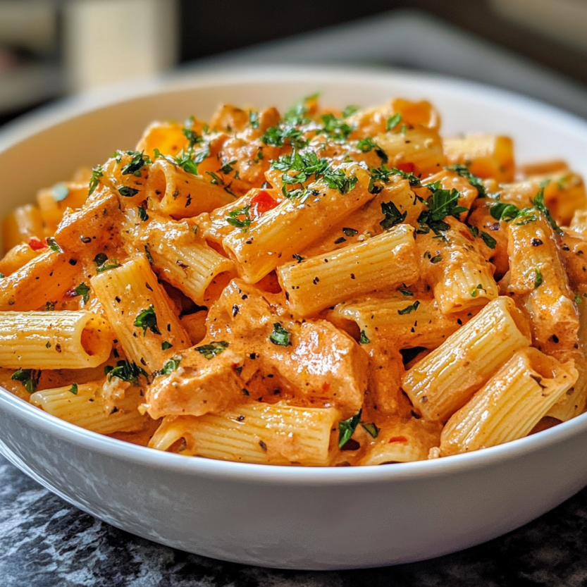 A bowl of pasta with a creamy sauce.