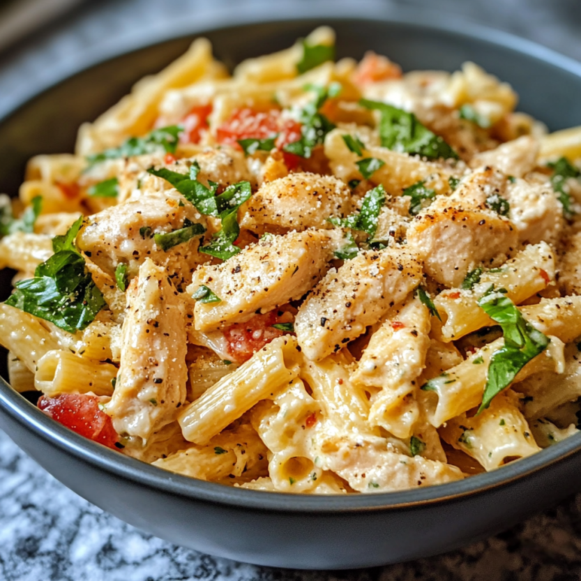 A bowl of chicken caesar pasta salad.