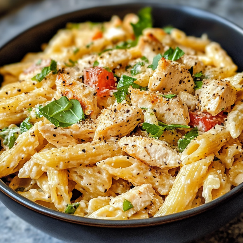 A bowl of chicken Caesar pasta salad.