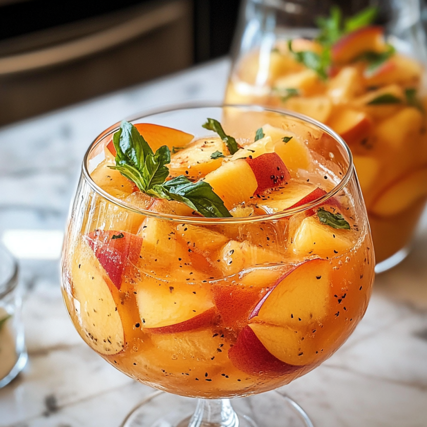 A glass of white peach sangria.